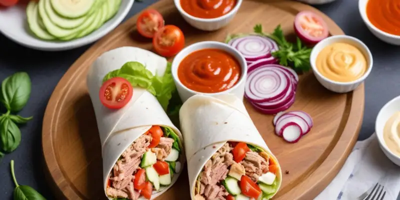 Wrap au thon, crudités et sauce yaourt fraîche