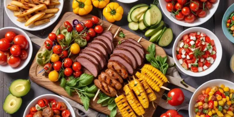 Barbecue estival : Grillades variées, salades fraîches et légumes du soleil