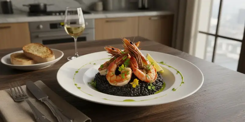 Risotto à l'Encre de Seiche et Gambas Grillées