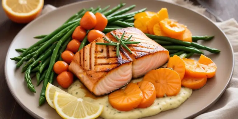 Saumon Grillé, Purée de Carottes Nouvelles et Haricots Verts