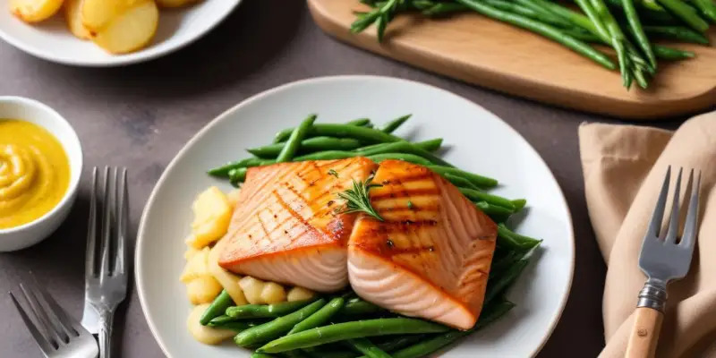 Saumon Grillé, Purée de Pommes de Terre Nouvelles et Haricots Verts