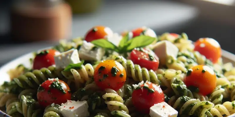 Salade de pâtes complètes au pesto, tomates cerises et mozzarella