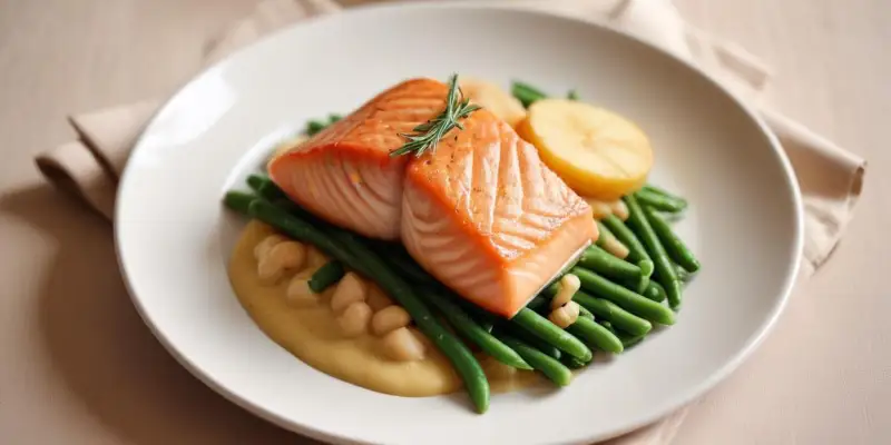 Filet de saumon poêlé, purée de pommes de terre nouvelles et haricots verts