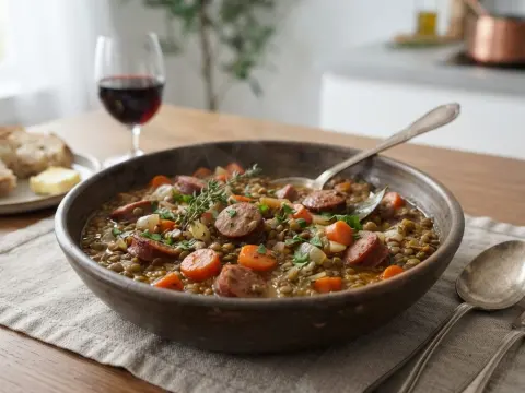Mijoté de lentilles vertes aux saucisses et légumes