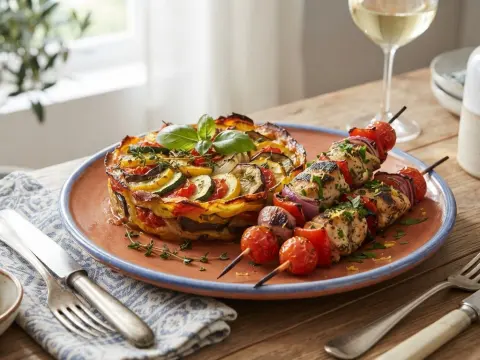 Tian de légumes d'été et brochettes de poulet marinées