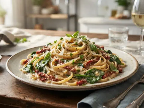 Linguine à la toscane, aux tomates séchées et épinards