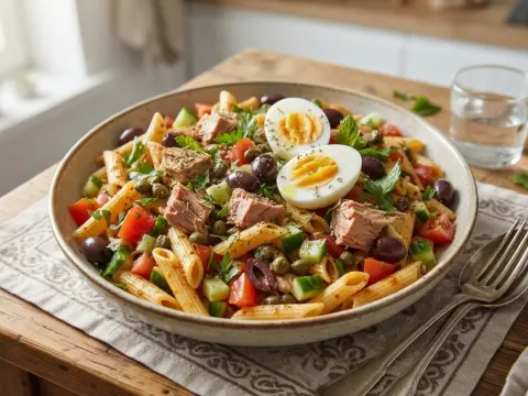 Salade de pâtes à la tunisienne, thon, œufs durs et harissa