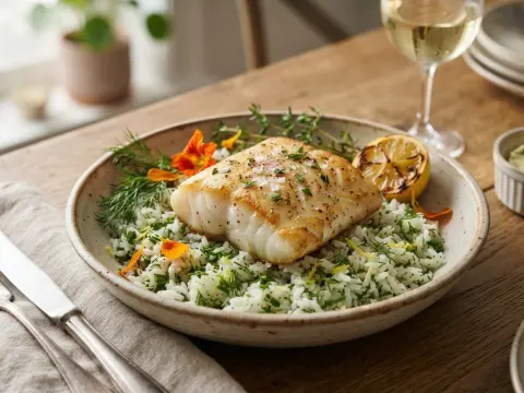Filet de cabillaud et riz blanc aux herbes