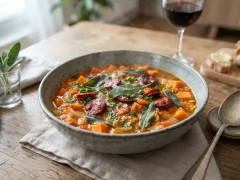 Ragoût de lentilles corail, patates douces et chorizo fumé à la sauge