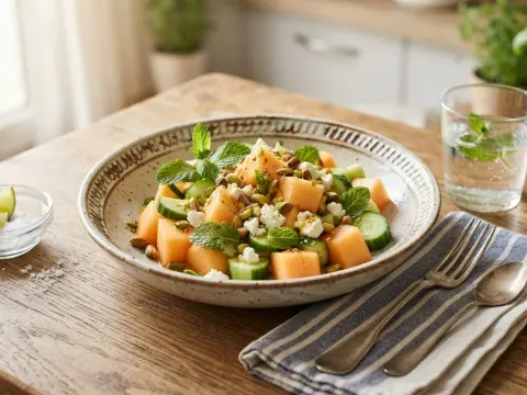 Salade fraîche de melon et concombre, menthe et citron vert