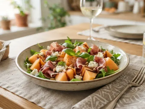 Salade fraîcheur de melon au jambon cru et pignons