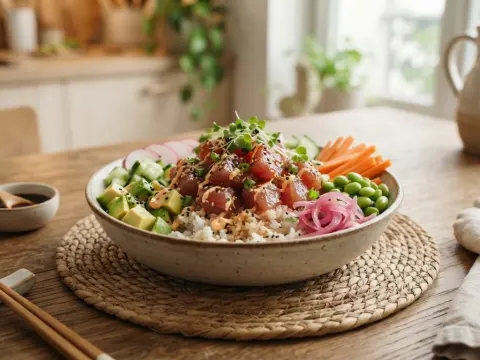 Bowl de riz, thon et crudités