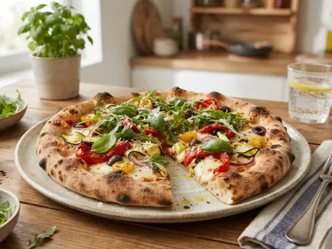 Pizza maison aux légumes d'été et roquette
