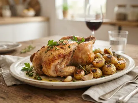 Poulet rôti et pommes de terre grenailles