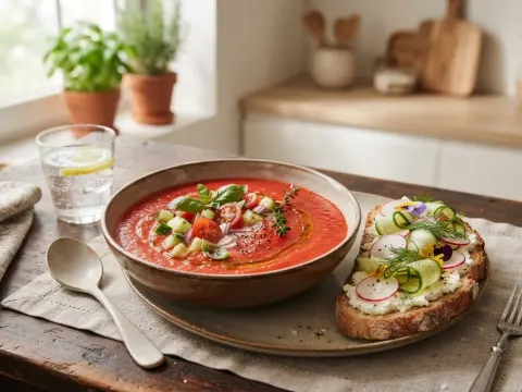 Gaspacho de tomates et tartines au fromage frais