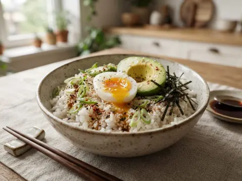 Bowl de riz, oeuf mollet et avocat, sauce soja et sésame