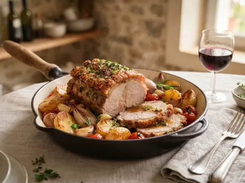 Rôti de porc aux pommes de terre, plat traditionnel au four