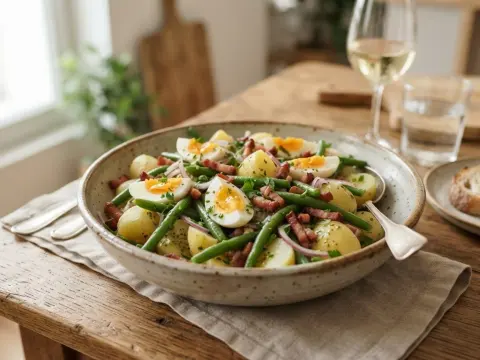 Salade paysanne de pommes de terre aux haricots verts et œufs durs