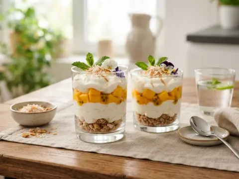 Verrines fraîcheur au skyr, mangue et noix de coco