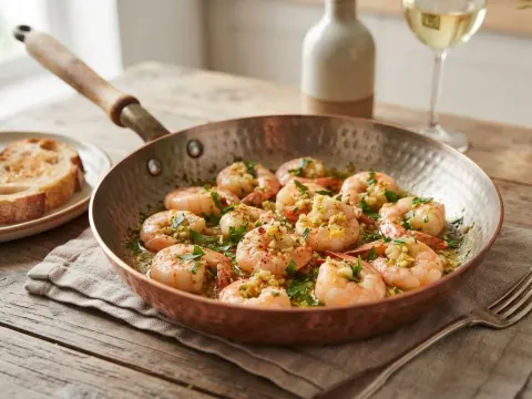 Poêlée minute de crevettes à l'ail, citron et persil