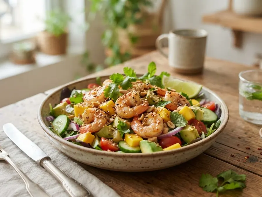 Salade fraîche de crevettes à l'avocat, mangue et concombre