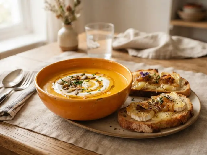 Velouté de potimarron et tartines au fromage de chèvre