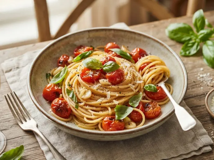 Spaghetti aux tomates cerises fraîches et basilic