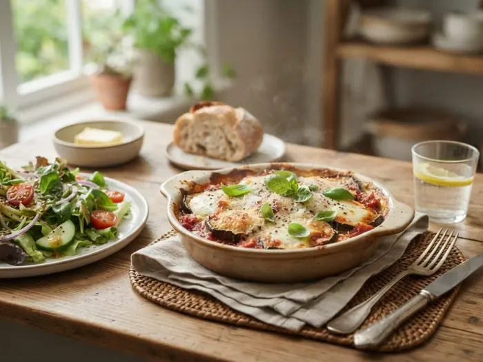 Gratin d'aubergines au parmesan et salade verte