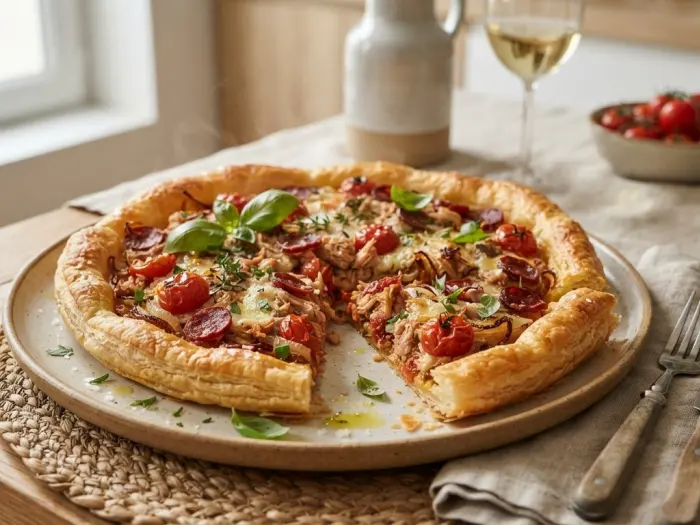 Tarte feuilletée au thon, tomates et chorizo