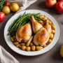Poulet rôti fermier, pommes de terre grenaille et haricots verts frais