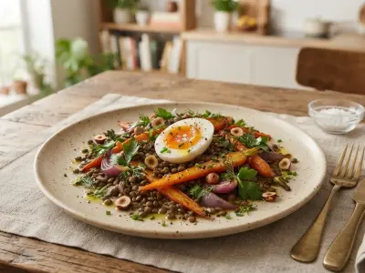Salade de lentilles tièdes aux carottes et œuf dur