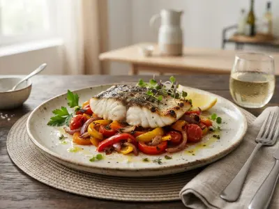 Filet de poisson grillé et sa poêlée fondante de poivrons colorés