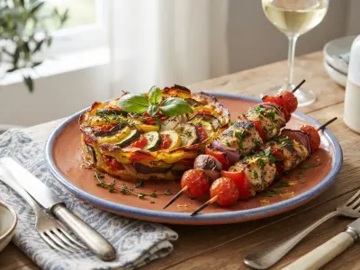 Tian de légumes d'été et brochettes de poulet marinées