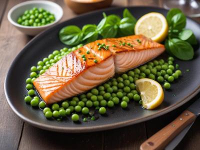 Saumon grillé à la plancha, purée de petits pois à la menthe