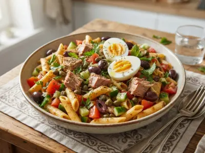 Salade de pâtes à la tunisienne, thon, œufs durs et harissa