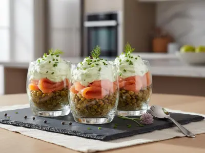 Verrines de Lentilles Vertes au Saumon Fumé et Crème de Ciboulette