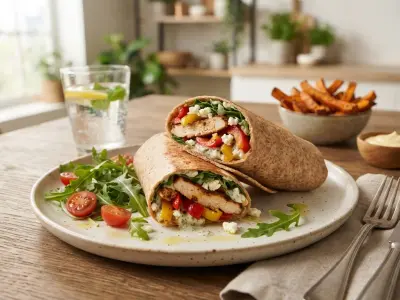 Wrap au poulet, poivrons marinés et roquette