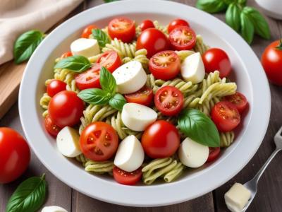 Salade de Pâtes Froides au Pesto, Tomates Cerises et Mozzarella