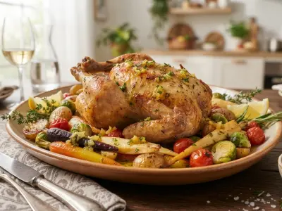 Poulet rôti aux légumes de saison et sauce au citron confit