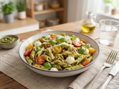 Salade de penne au pesto frais, tomates cerises et mozzarella