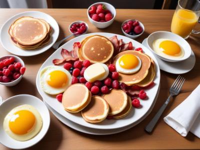 Brunch Gourmand : Oeufs Brouillés, Bacon Croustillant et Pancakes aux Fruits Rouges
