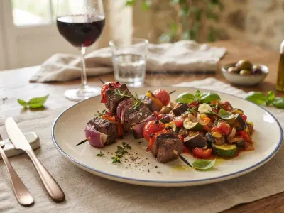 Brochettes de bœuf marinées et ratatouille confite