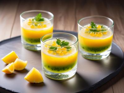 Verrine de bar mariné, gelée au yuzu et perles d'algues