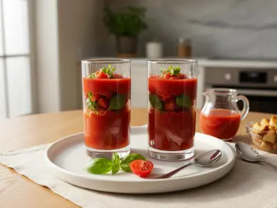 Verrines de Gaspacho à la Tomate en Conserve et Basilic