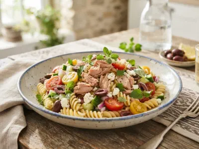 Salade de pâtes méditerranéenne au thon et aux tomates cerises