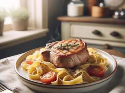 Côte de porc échine à la crème et tagliatelles