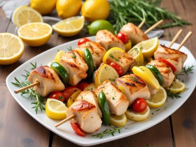 Brochettes de Poulet Marinées au Citron et Herbes, Légumes Grillés