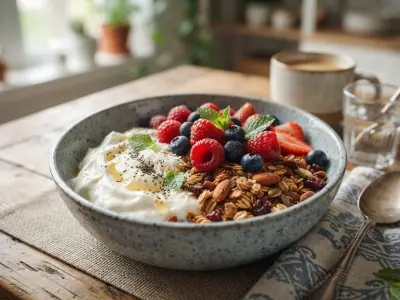 Bowl matinal de skyr crémeux aux fruits rouges acidulés et granola croustillant