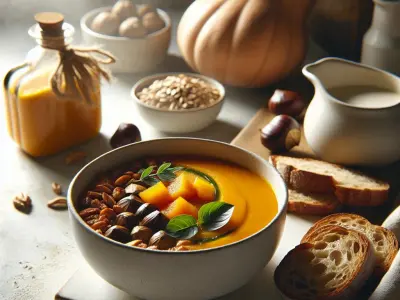 Soupe de potimarron et châtaignes, accompagnée de pain complet