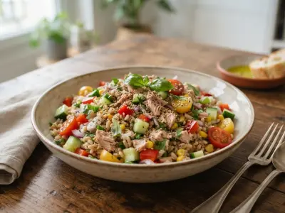 Salade de riz complète au thon et aux crudités croquantes